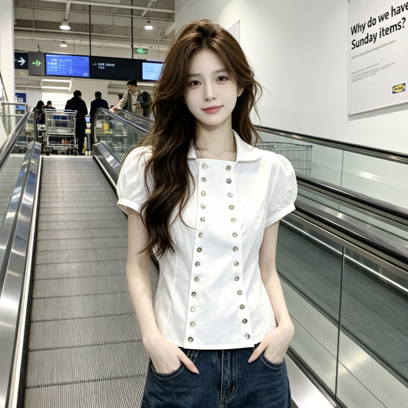 도시 일견 시리즈 레트로 궁정 바람 조개 이중 버튼 버블 작은 날다 소매 긍정적 인 어깨 허리 수축 반팔 셔츠