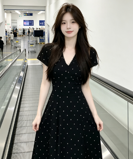 프랑스식 도트 무늬 반팔 화이트 여성 드레스 여름 2026 새로운 작은 키 디자인 센스 품격 길다 치마