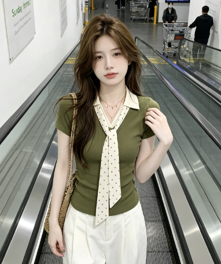 반팔 티셔츠 여성 의류 여름 새로운 트렌디 몸매 가꾸기 슬림해 보이는 도트 무늬 스카프 배색 POLO 칼라 맨위