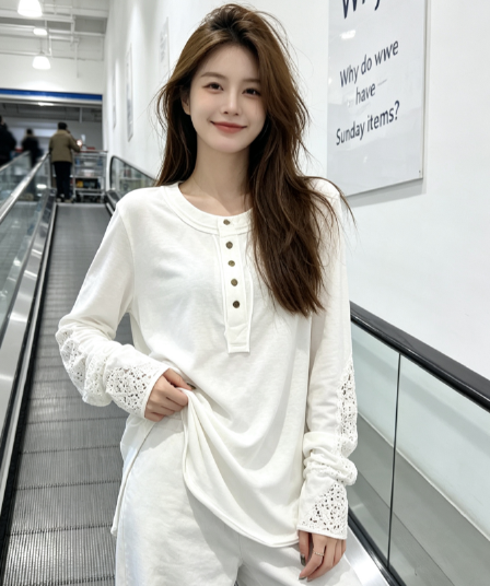 항구 바람 chic 화이트 하프 단추 패치워크 긴팔 티셔츠 여성 봄 가을 슬림해 보이는 디자인 센스 캐주얼 다용도 맨위 트렌디