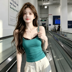 批发小众双层假两件吊带背心女湖绿外层黑蕾丝内搭<b class='q'>修身</b>显瘦打底衫