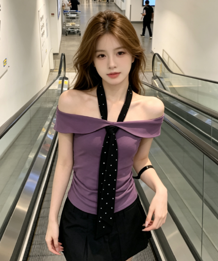 한 부서 순수한 욕망 도트 무늬 넥타이 오프숄더 반팔 티셔츠 여성 여름 몸매 가꾸기 슬림해 보이는 디자인 맨위