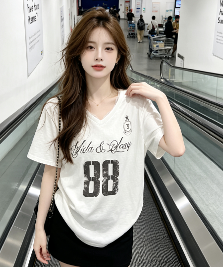 한 부서 순면 아메리칸 레트로 V넥 레이스 프린트 반팔 티셔츠 여성 여름 Chic 연령 감소 chic 슬림해 보이는 맨위