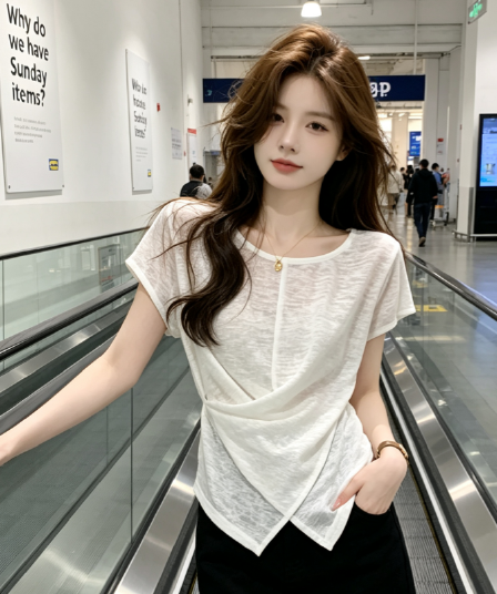 미니멀리즘 바람 반팔 티셔츠 여성 불규칙 십자가 스트랩 디자인 센스 허리 수축 슬림해 보이는 작은 대중 맨위