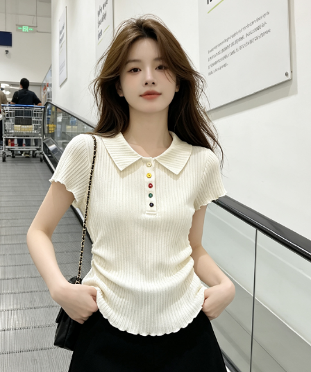 프랑스식 목이버섯 레이스 polo 폴로 칼라 여름 작은 대중 색상 단추 프릴 맨위 작은 셔츠
