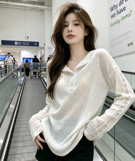 여름 새로운 루즈핏 슬림해 보이는 블라우스 다용도 긴팔 티셔츠 여성 한 부서 작은 대중 홀로우 아웃 디자인 센스 맨위