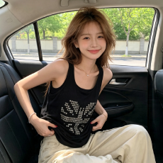 批发<b class='q'>街头</b>甜酷风烫钻蝴蝶美背背心女夏季不规则收腰无袖上衣