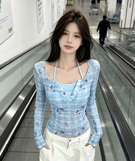 실사 아메리칸 핫걸 꽃무늬 체크무늬 페이크 레이어드 얇은 스타일 긴팔 티셔츠 여성 이른 가을 새로운 슬림해 보이는 쇼트 스타일 맨위