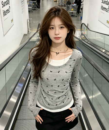 실사 봄 가을 미니멀리즘 숙녀 학원 스타일 작은 대중 나비 매듭 프린트 페이크 레이어드 긴팔 티셔츠 순수한 욕망 바람 맨위