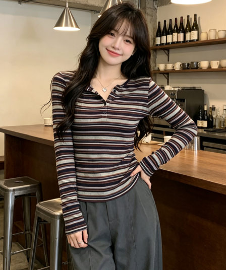 실사 한 부서 chic 몸매 가꾸기 스트라이프 슬림해 보이는 긴팔 맨위 서비스 여성 조기 봄 디자인 센스 인사이드 가져 가라. 만나는 티셔츠