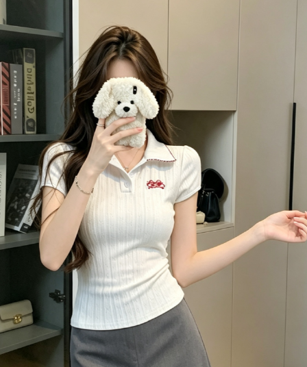 실사 학원 스타일 디자인 센스 POLO 칼라 반팔 티셔츠 여성 여름 몸매 가꾸기 슬림해 보이는 다용도 긍정적 인 어깨 의류