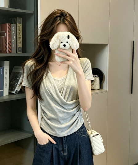 실사 프랑스식 미니멀리즘 u 칼라 페이크 레이어드 화이트 반팔 티셔츠 여성 여름 레이스 조각 슬림해 보이는 맨위