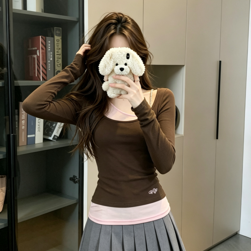 BY30050# 秋季新款撞色假两件拼接长袖t恤女打底衫修身上衣 服裝批發女裝批發服飾貨源