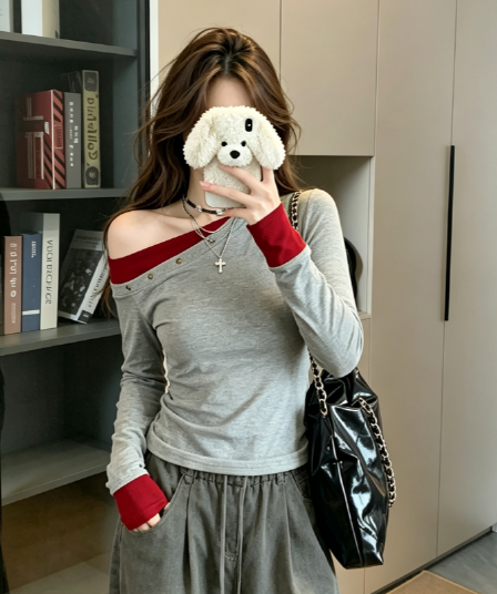 실사 1 1 리브 210 그램 긴팔 티셔츠 여성 의류 봄 가을 징 페이크 레이어드 오프숄더 기본 셔츠 맨위