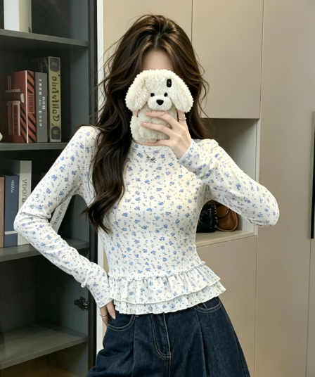 실사 긴팔 티셔츠 여성 봄 가을 새로운 얇은 레이스 밑단 파란색 작은 꽃무늬 마이크로 ~을 통해 기본 셔츠 맨위