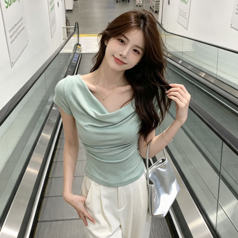 BY29650# 莫代尔短袖t恤薄夏季不规则口水领纯色女装上衣  服裝批發女裝批發服飾貨源