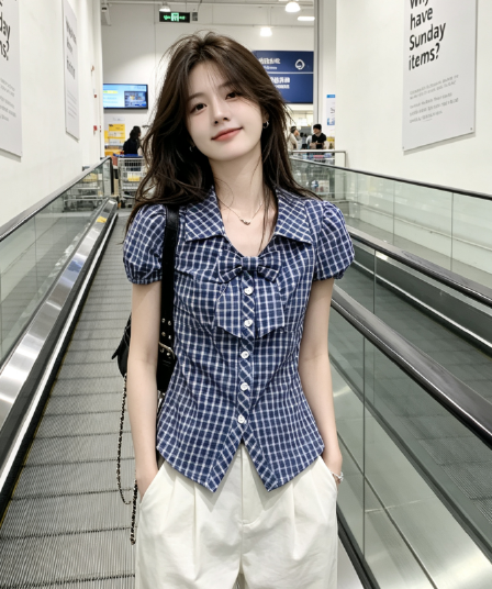 실사 한 부서 레트로 체크무늬 나비 매듭 거품 소매 반팔 여성 셔츠 여름 새로운 허리 수축 슬림해 보이는 맨위