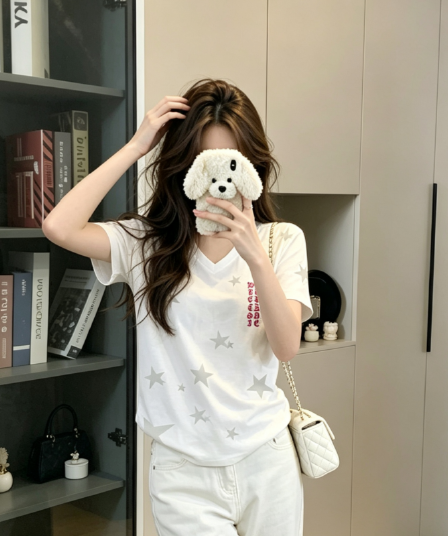 실사 정가 아메리칸 별 알파벳 프린트 반팔 여성 티셔츠 허리 수축 루즈핏 슬림해 보이는 맨위