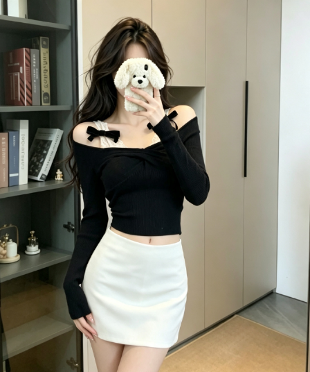 실사 정가 페이크 레이어드 레이스 오프숄더 긴팔 티셔츠 여성 봄 가을 오프숄더 몸매 가꾸기 슬림해 보이는 순수한 욕망 바람 맨위
