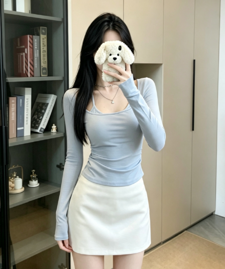 실사 한 부서 순수한 욕망 긴팔 티셔츠 여성 가을 겨울 외출용 몸매 가꾸기 슬림해 보이는 핫걸 u 칼라 페이크 레이어드 인사이드 잡아라. 의류