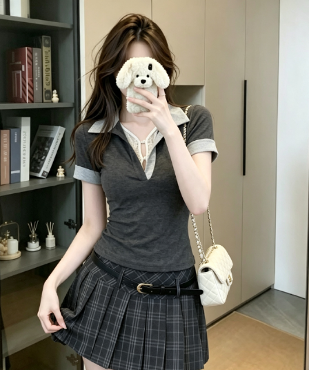 실사 정가 한 부서 핫걸 POLO 칼라 반팔 티셔츠 여름 허리 수축 플리츠 스커트 투피스 세트