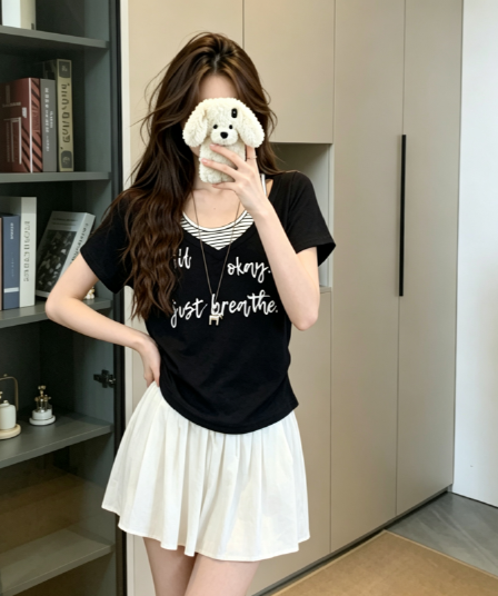 실사 반팔 티셔츠 여성 의류 여름 새로운 프린트 트렌디 한 부서 스트라이프 페이크 레이어드 디자인 센스 u 칼라 맨위