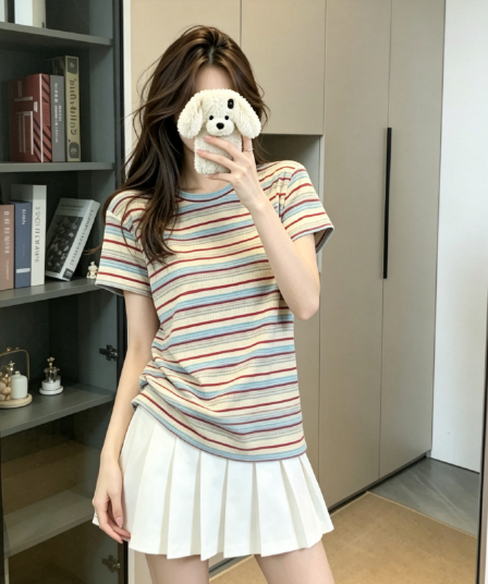 실사 반팔 티셔츠 여성 의류 여름 새로운 트렌디 한 부서 디자인 센스 배색 레트로 스트라이프 라운드 넥 맨위