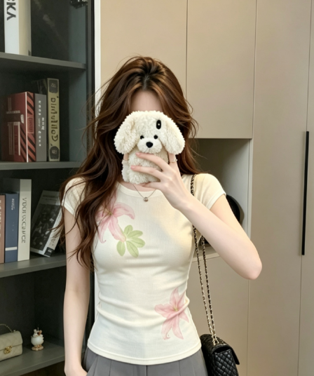 실사 모달 아메리칸 핫걸 반팔 티셔츠 여성 여름 꽃 프린트 디자인 센스 몸매 가꾸기 슬림해 보이는 라운드 넥 맨위