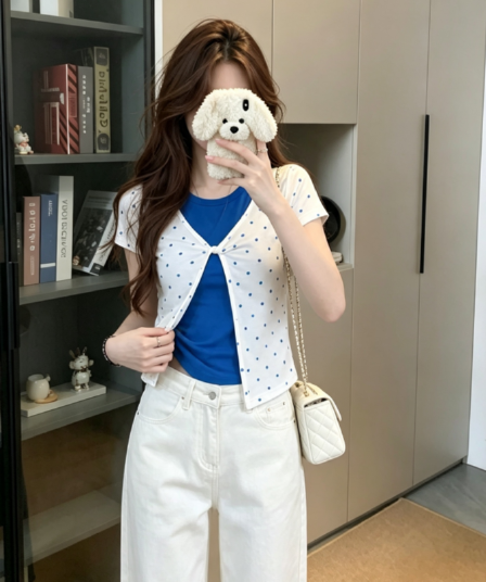 실사 한 부서 배색 페이크 레이어드 도트 무늬 긍정적 인 어깨 반팔 티셔츠 여성 여름 핫걸 바람 몸매 가꾸기 슬림해 보이는 맨위