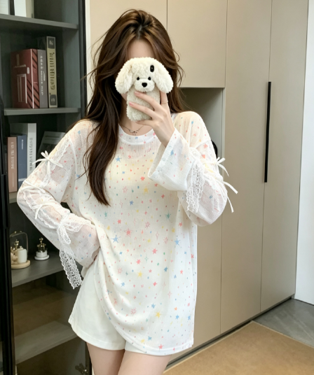 실사 도파민 별 프린트 블라우스 티셔츠 여성 봄 여름 작은 대중 캐주얼 루즈핏 얇은 스타일 자외선 차단 맨위