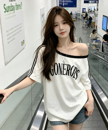 실사 순면 반팔 티셔츠 여성 의류 여름 새로운 루즈핏 한 부서 오프숄더 배색 비스듬한 칼라 맨위