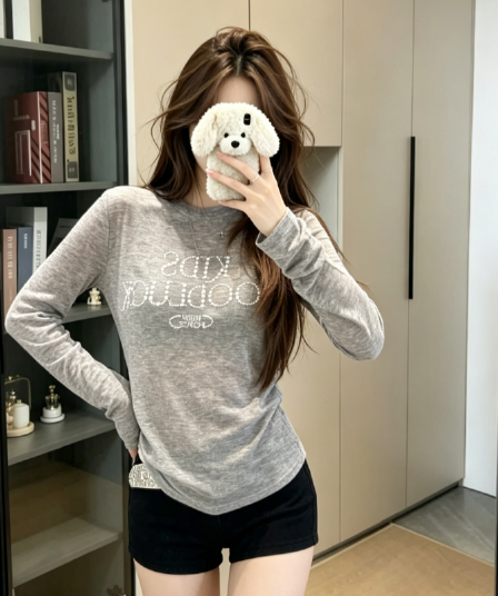 실사 아메리칸 진주 핫픽스 긴팔 티셔츠 여성 여름 이른 가을 몸매 가꾸기 얇은 스타일 자외선 차단 블라우스 가면 tee