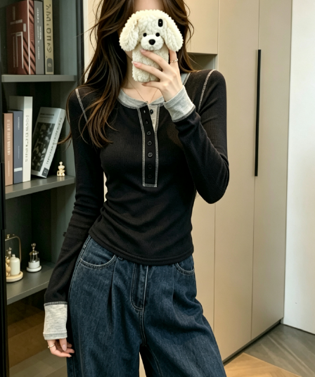 실사 긴팔 티셔츠 여성 2026 봄 가을 새로운 몸매 가꾸기 배색 기본 셔츠 라운드 넥 맨위