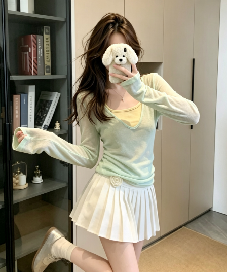 실사 박하 녹색 얇은 스타일 스택 착용 V넥 자외선 차단 긴팔 티셔츠 여성 여름 슬림해 보이는 긍정적 인 어깨 단색 맨위