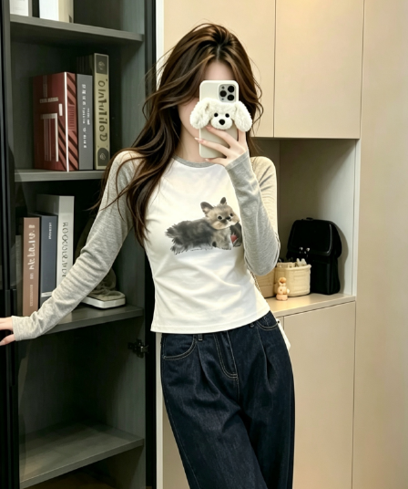 실사 순면 리브 긴팔 티셔츠 여성 의류 봄 가을 얇은 새로운 한 부서 인쇄 플라워 인서트 어깨 소매 라운드 넥 맨위