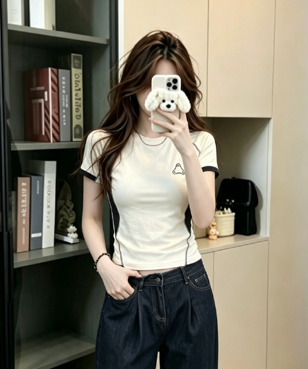 실사 순면 리브 220 그램 반팔 티셔츠 여성 의류 여름 새로운 디자인 센스 삽입 색상 라운드 넥 맨위