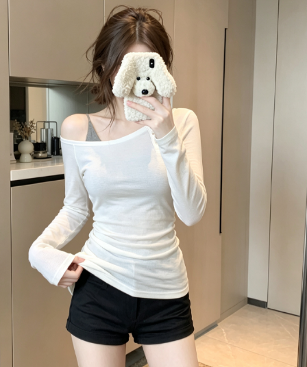 실사 아메리칸 불규칙 비스듬한 어깨 긴팔 티셔츠 여성 가을 순수한 욕망 핫걸 오프숄더 맨위