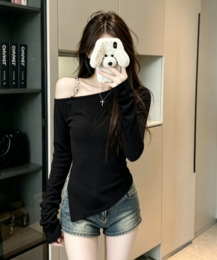 실사 한 부서 검정색 비스듬한 어깨 체인 긴팔 티셔츠 여성 가을 몸매 가꾸기 짧은 맨위