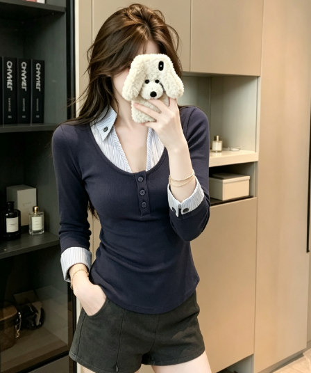 실사 페이크 레이어드 기본 셔츠 맨위 순수한 욕망 품격 배색 스트라이프 셔츠 칼라 긴팔 티셔츠 트렌디