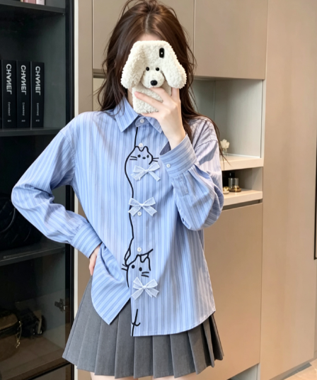실사 만화 자수 폴로 칼라 체크무늬 긴팔 여성 셔츠 가을 루즈핏 캐주얼 배색 오픈 가디건 맨위