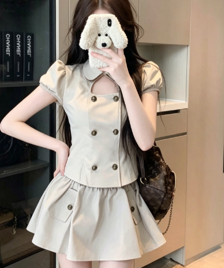 실사 베이비 칼라 홀로우 아웃 셔츠 세트 여성 여름 레트로 거품 소매 이중 버튼 퍼프 미니 스커트 투피스 세트