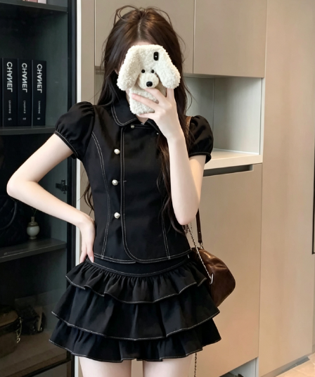 실사 소녀 센스 세트 여성 여름 한 부서 레트로 베이비 칼라 반팔 셔츠 케이크 반신 스커트 투피스 세트
