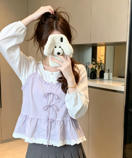 실사 한 부서 달콤함 페이크 레이어드 여성 셔츠 2026 봄 여름 새로운 Chic 디자인 센스 나비 매듭 연령 감소 맨위