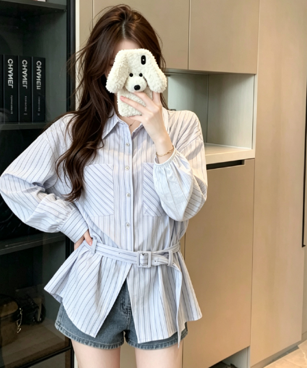 실사 여성 셔츠 봄 재킷 프랑스식 맨위 고급 고유 한 Chic 긴팔 루즈핏 스트라이프 셔츠 여성 2026