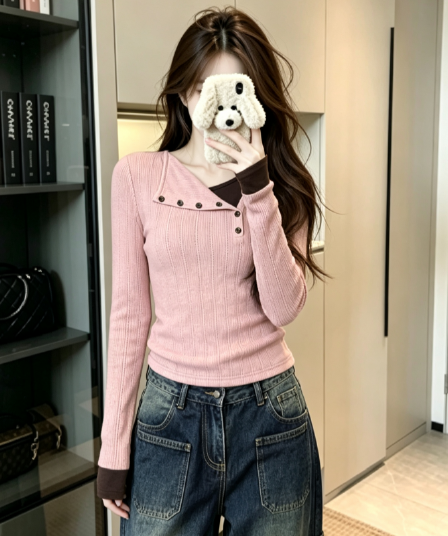 실사 긴팔 티셔츠 기본 셔츠 여성 얇은 쇼트 스타일 인사이드 가져 가라. 봄 가을 새로운 페이크 레이어드 폴로 칼라 맨위