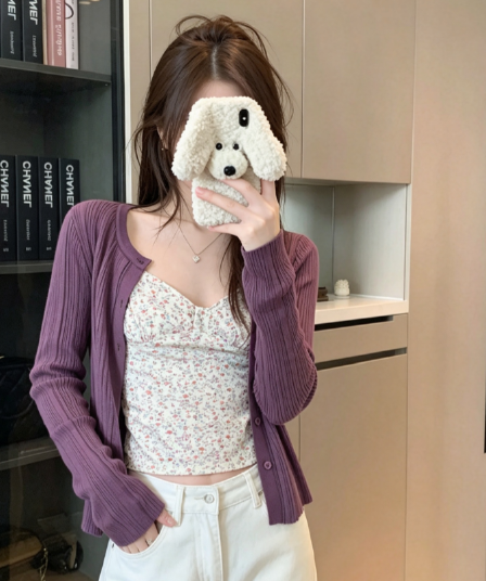 실사 부드러운 달콤함 몸매 가꾸기 꽃무늬 캐미솔 여름 다용도 캐주얼 긴팔 오픈 가디건 슬림해 보이는 패션 맨위