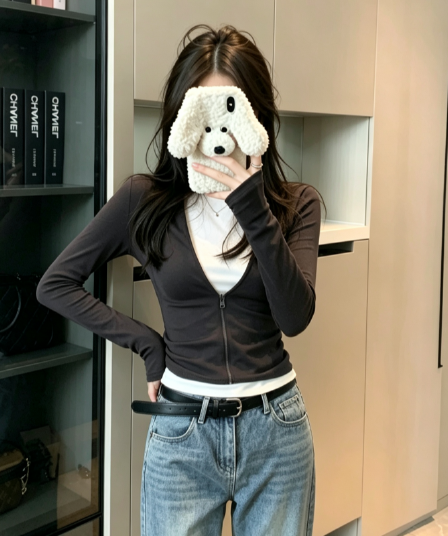 실사 페이크 레이어드 맨위 배색 핫걸 긴팔 티셔츠 여성 지퍼 섹션 작은 대중 디자인 기본 셔츠