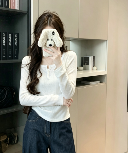실사 가을의 날 새로운 언어 반 개방 버클 광장 칼라 순수한 욕망 인사이드 가져 가라. 티셔츠 여성 디자인 센스 몸매 가꾸기 긴팔 맨위