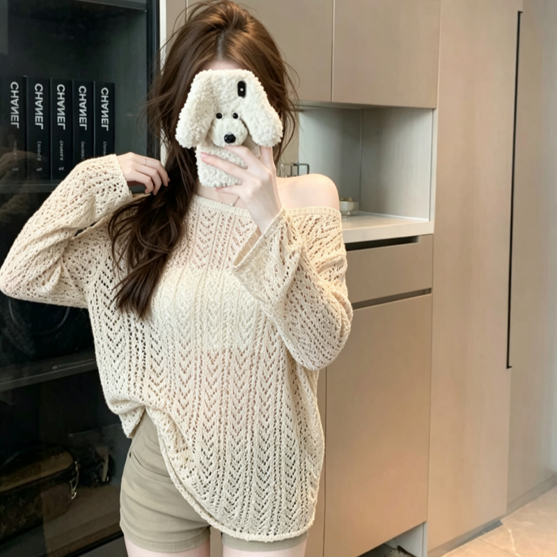 设计感圆领镂空针织衫女慵懒宽松微透长袖罩衫  服裝批發女裝批發服飾貨源