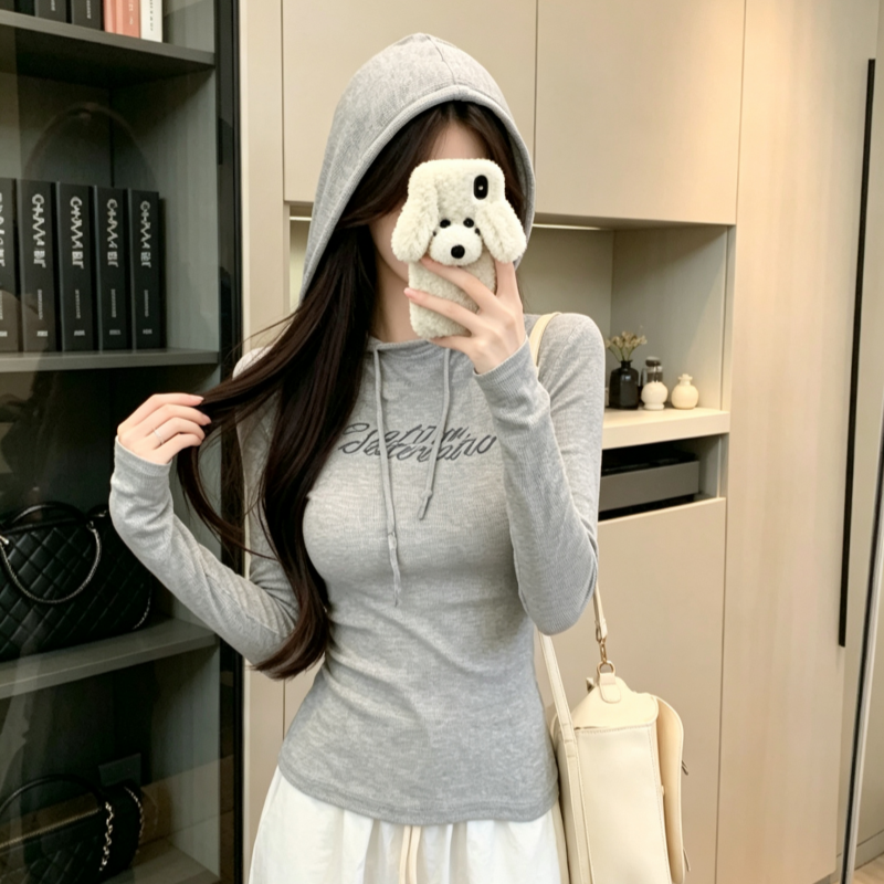 BY34075# 秋装长袖T恤女连帽印花修身薄款卫衣秋装长袖T恤女显瘦 服裝批發女裝批發服飾貨源